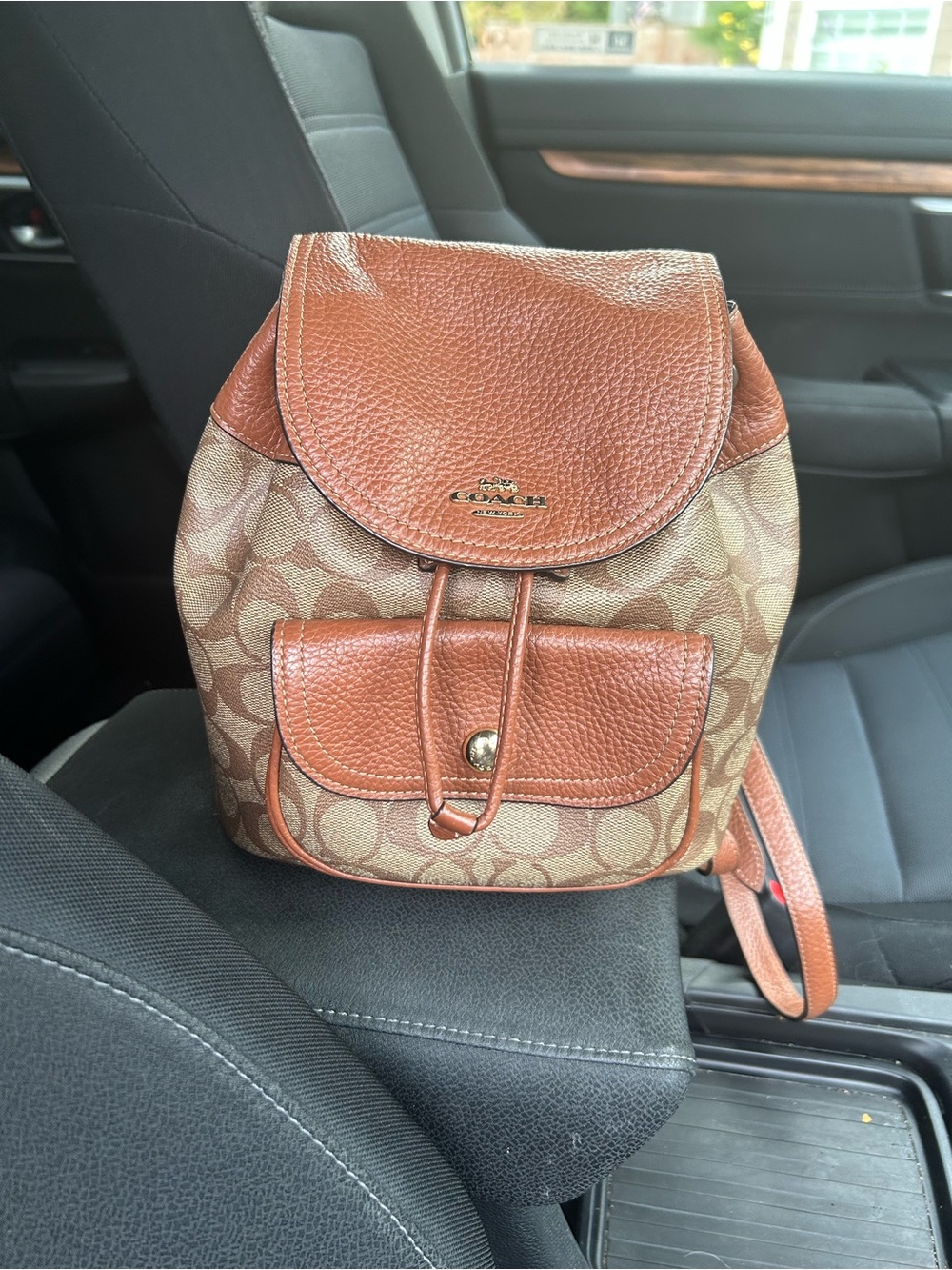 Coach Brown Signature Canvas Mini Backpack with Cognac Leather Trim